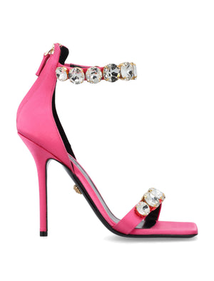 VERSACE Crystal Satin Sandals - High-Heeled Pink Sandals with Crystal Embellishments & Ankle Straps for Women