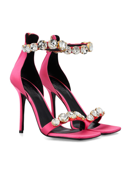 VERSACE Crystal Satin Sandals - High-Heeled Pink Sandals with Crystal Embellishments & Ankle Straps for Women