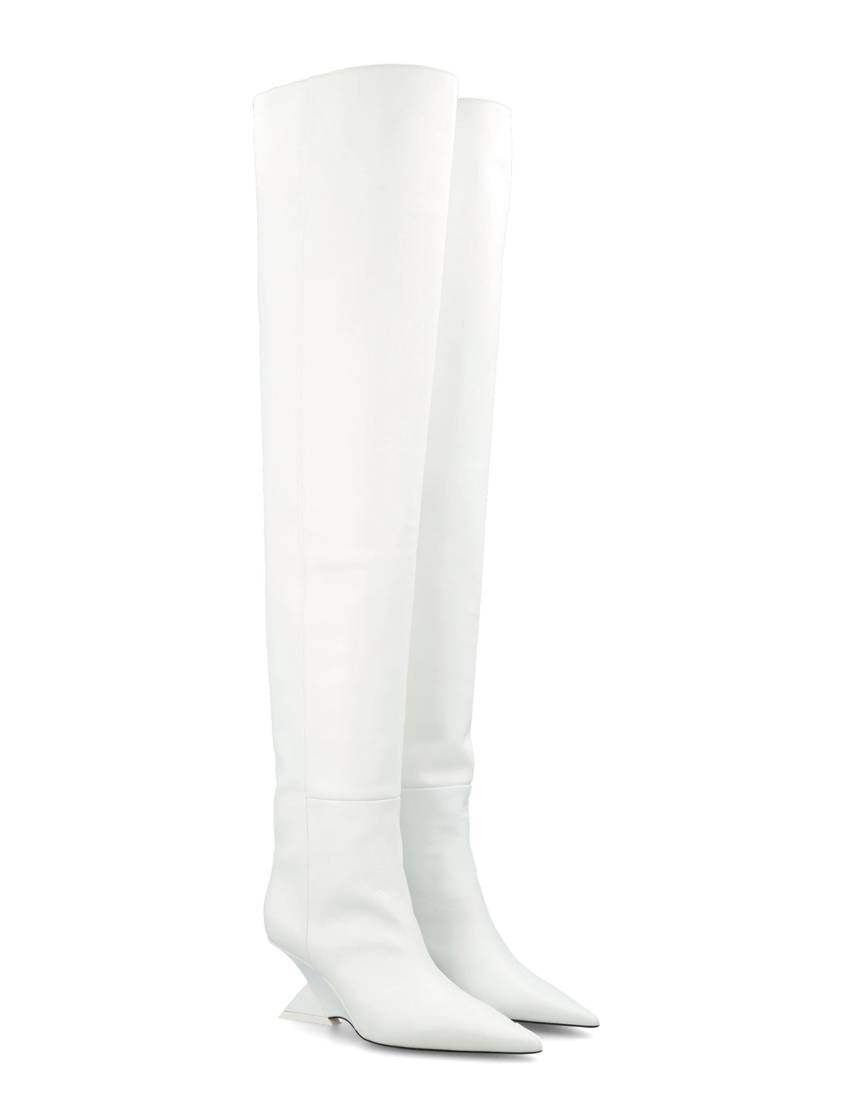 White Leather Over-Knee Boots with Pyramid Wedge for Women