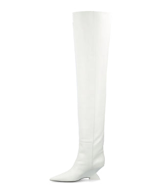 White Leather Over-Knee Boots with Pyramid Wedge for Women