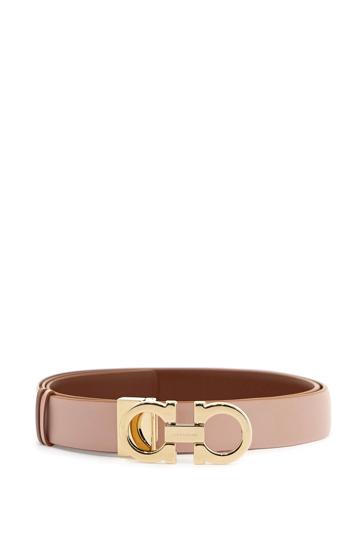 FERRAGAMO Reversible Pink Leather Belt with Gold-Tone Gancini Hook Buckle for Women