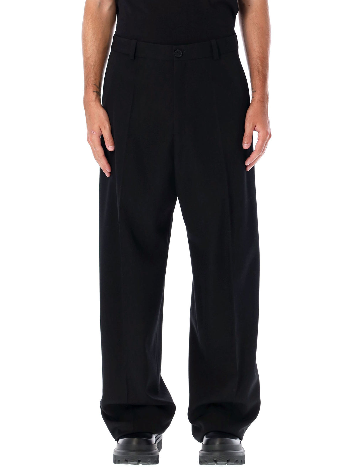 Mid-Waist Double Front Pants in Black for Men