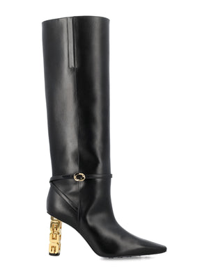 Black Leather High Boots with Gold G Logo