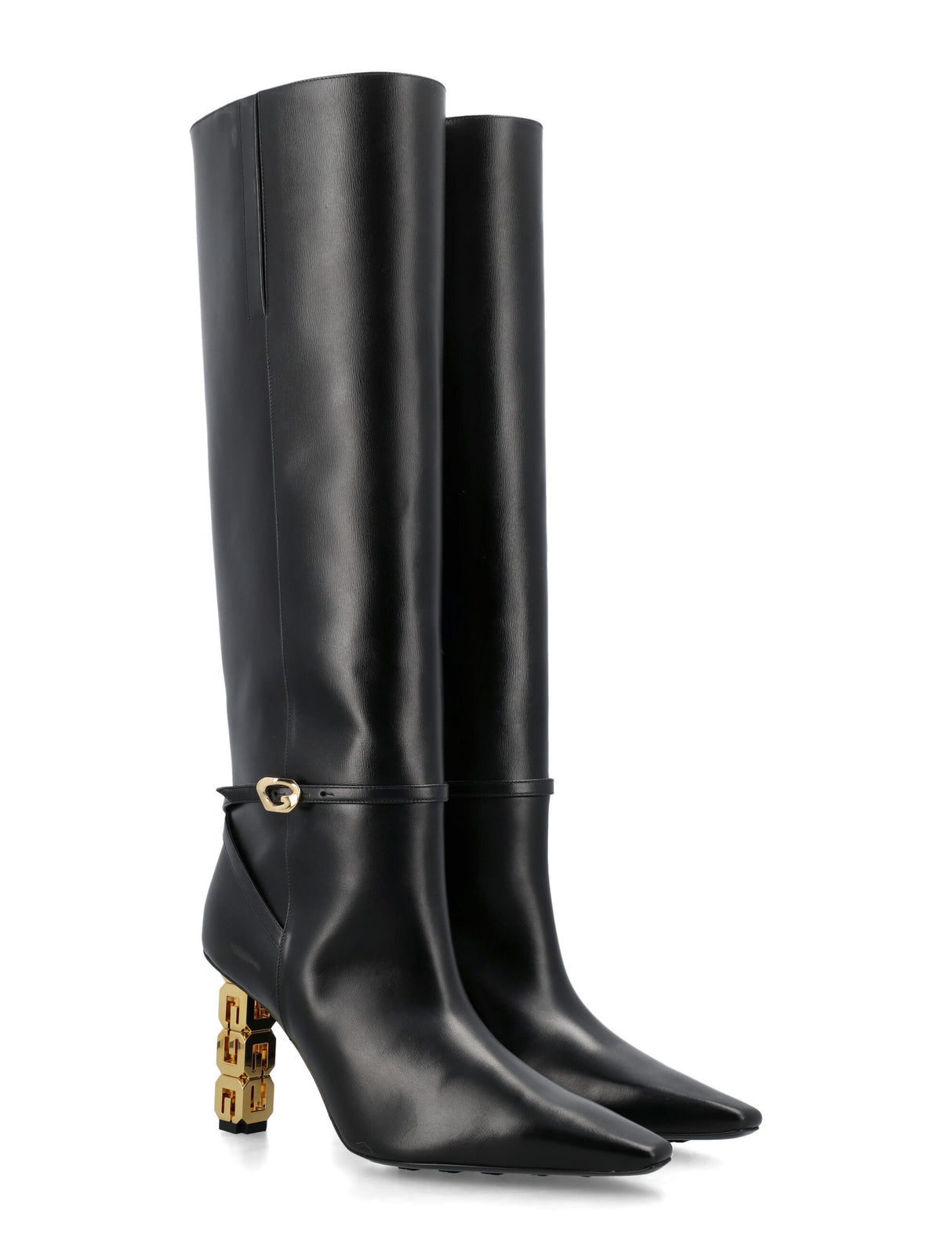Black Leather High Boots with Gold G Logo