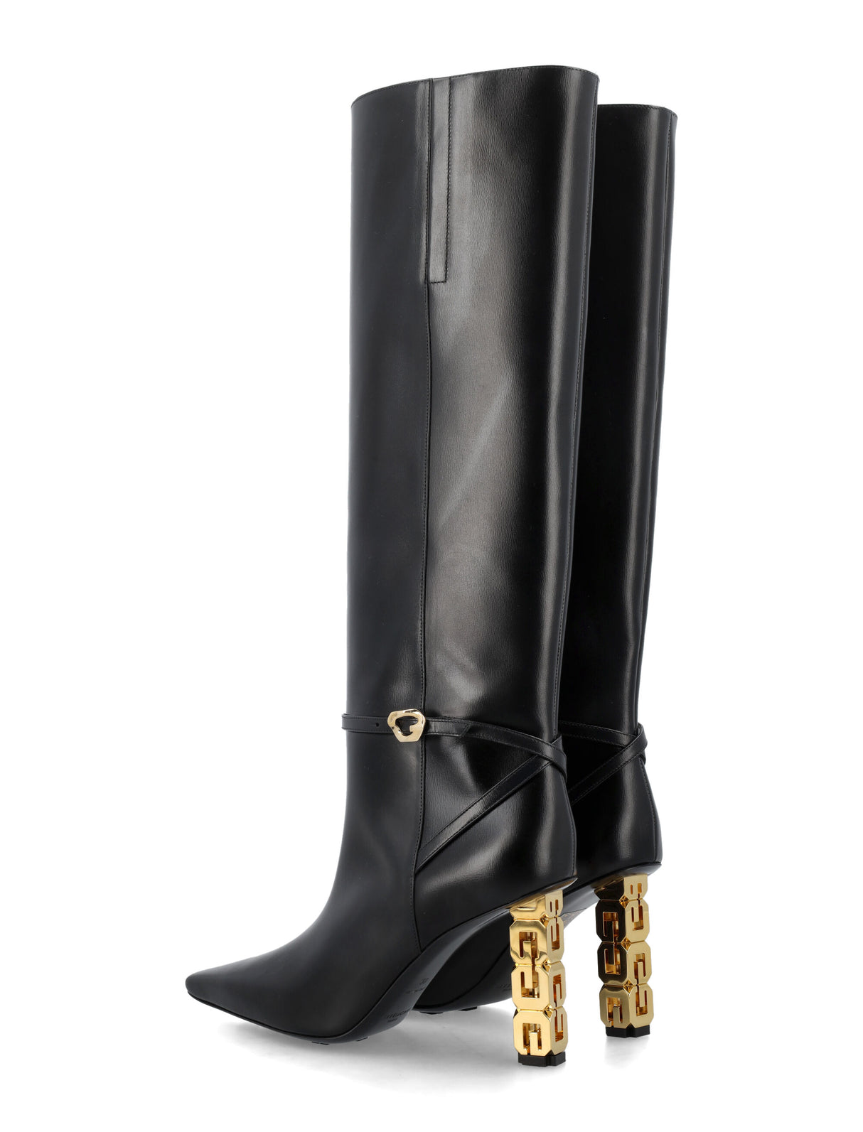 Black Leather High Boots with Gold G Logo