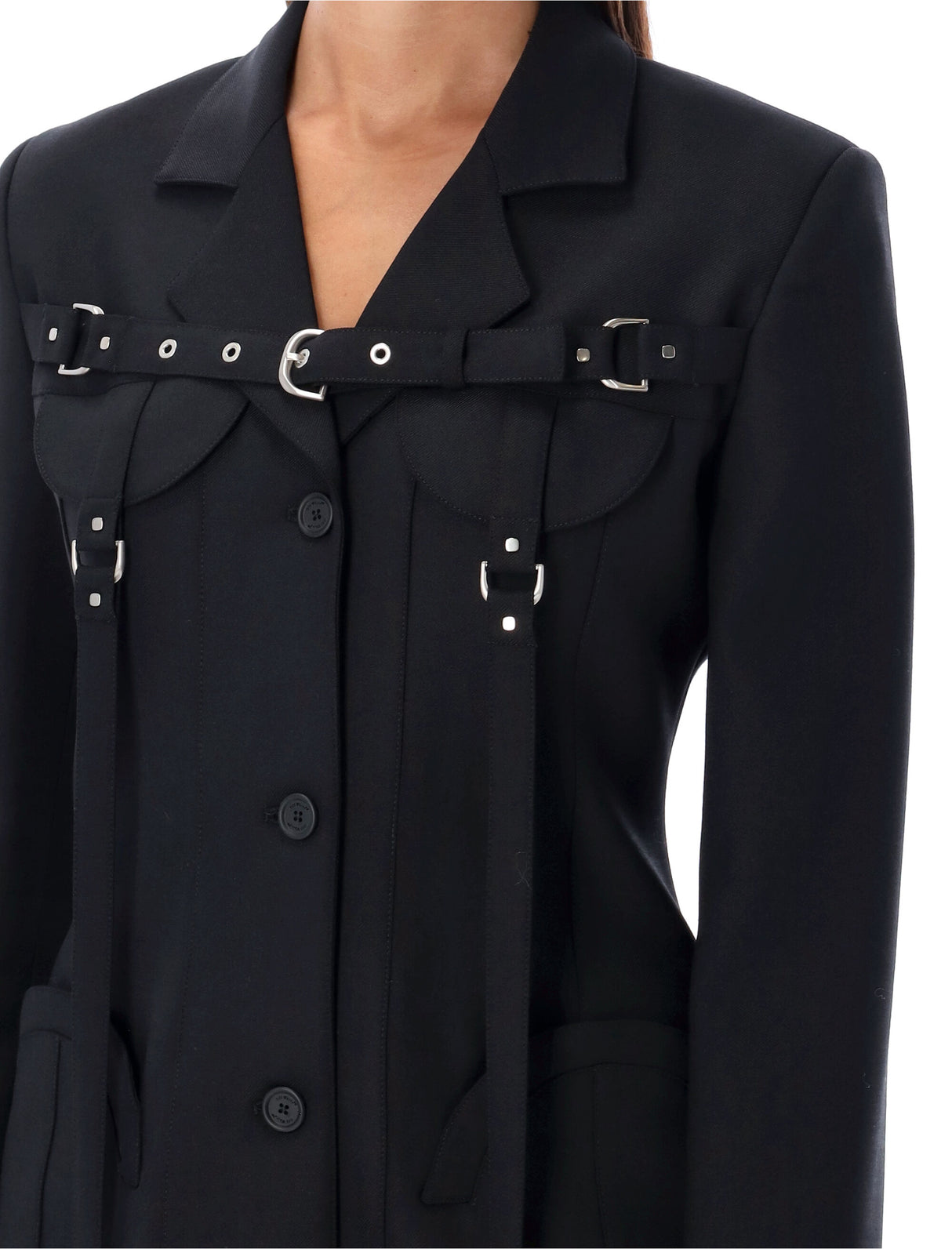 سترة كارجو سوداء للنساء مع إغلاق حزام قابل للتعديل - FW23