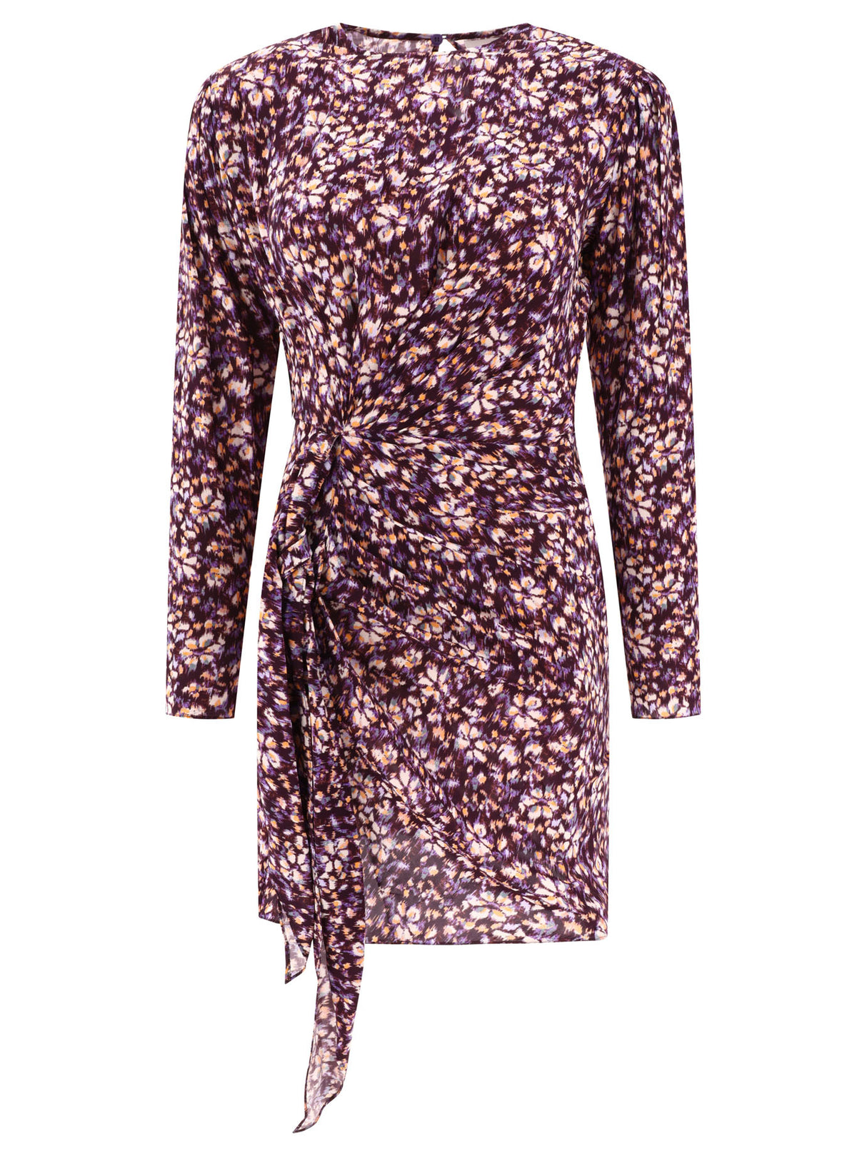 女性用パープルカラーのエレガントなロングスリーブドレス - ラッフルとウエストのリボン付き、2024年秋冬コレクション
