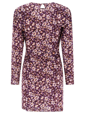 精美長袖洋裝，腰部飾以皺褶和蝴蝶結 - 女士紫色秋冬2024系列