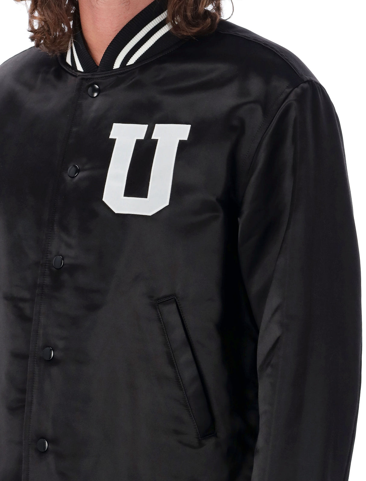 UNDERCOVER Black Varsity Jacket with Embroidered Details and Satin Finish