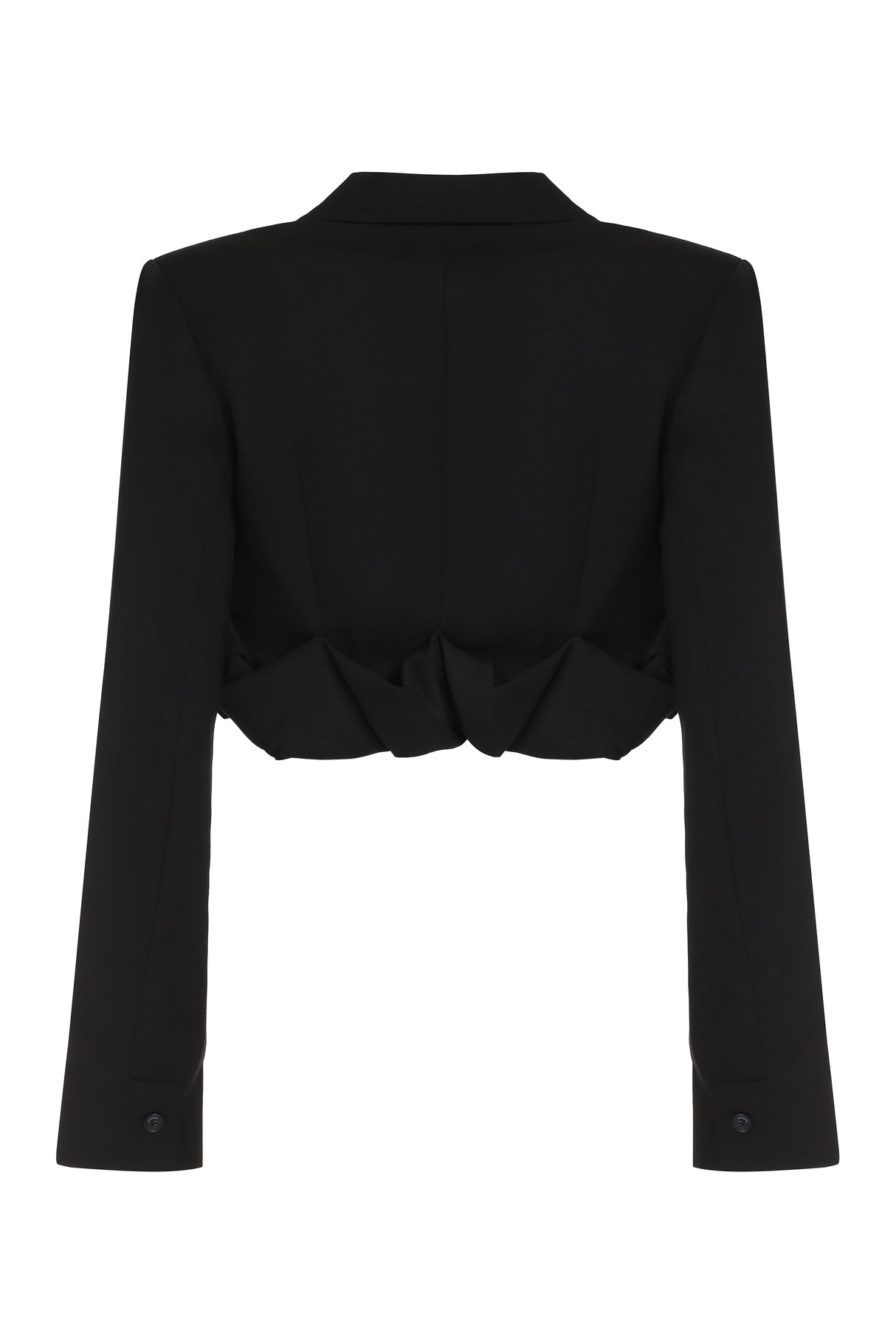 Black Croissant Wool Blazer for Women with Padded Shoulders and Decorative Gathering