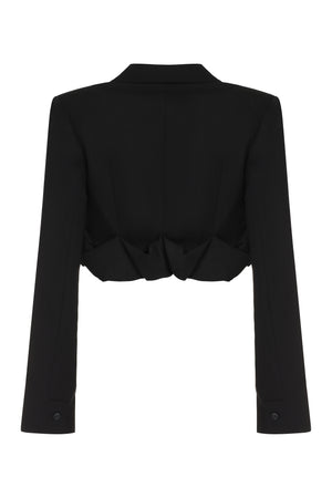 Black Croissant Wool Blazer for Women with Padded Shoulders and Decorative Gathering