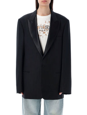 MAISON MARGIELA Black Wool Blazer for Women with Tonal Striped Pattern and Oversized Fit