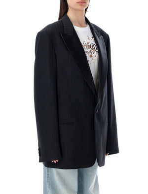 MAISON MARGIELA Black Wool Blazer for Women with Tonal Striped Pattern and Oversized Fit