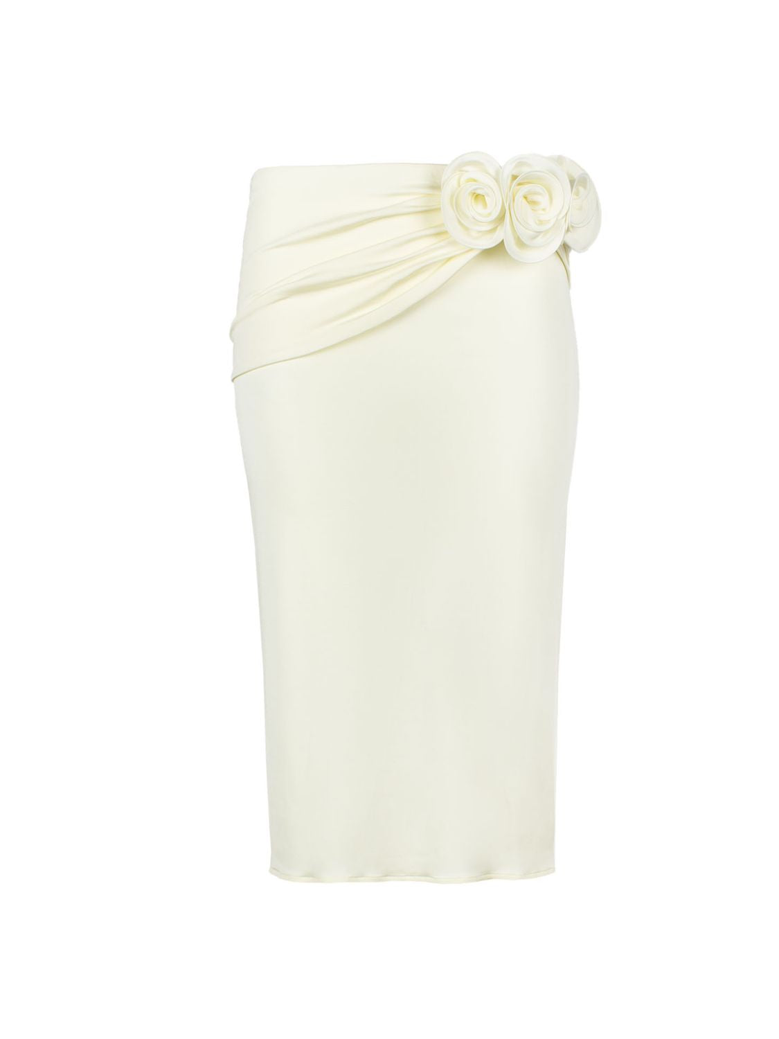 花朵刺繡緊身裙 - 淡奶白, 腰身彈性帶, 腰帶細節, 膝上長度