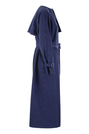 女款藍色風衣 - 雙排扣帆布外套