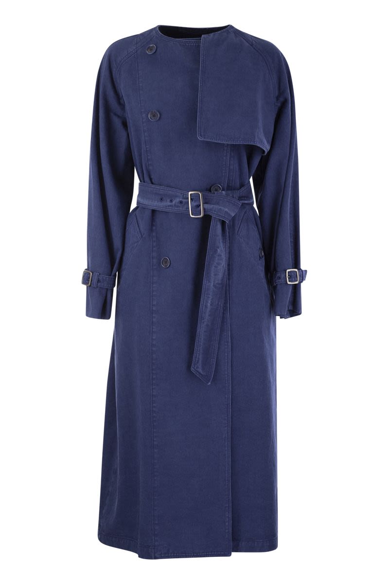 女款藍色風衣 - 雙排扣帆布外套