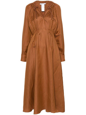 女士棕色亞麻絲混紡時尚洋裝 - SS24系列