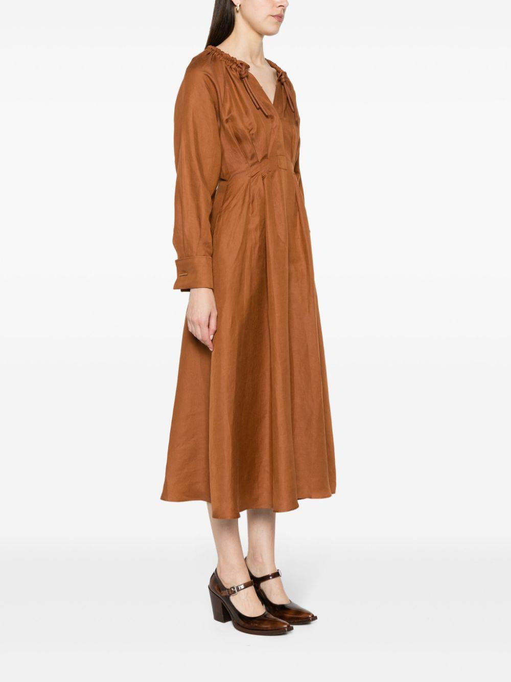 女士棕色亞麻絲混紡時尚洋裝 - SS24系列