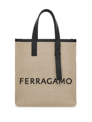 FERRAGAMO Logo Tote Handbag for Men - Sand Beige and Black