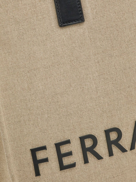 FERRAGAMO Embossed-Logo Leather Tote Handbag in Sand Beige and Black for Men - FW23