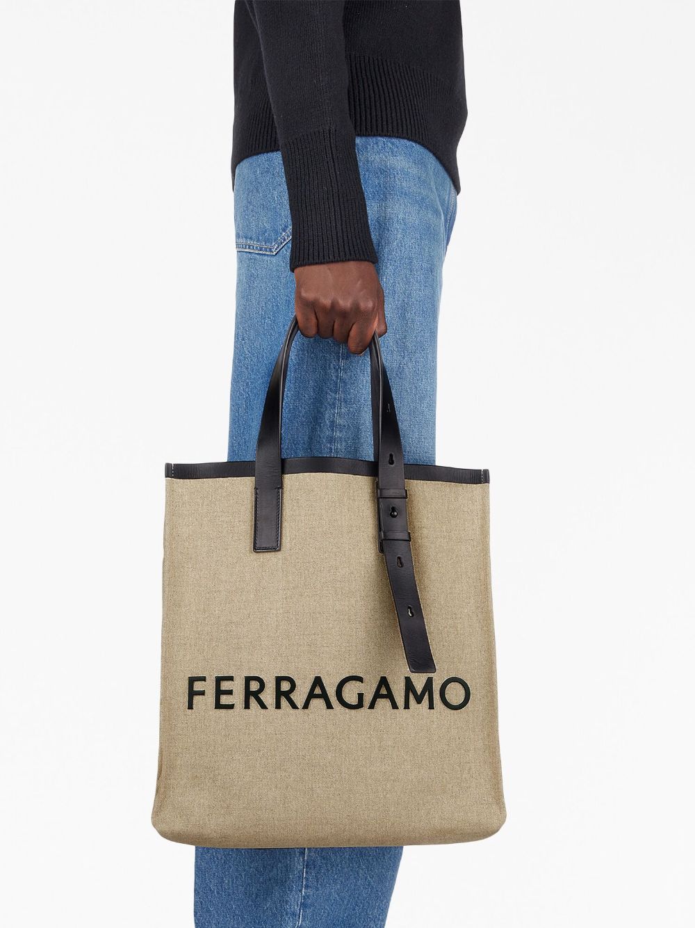 FERRAGAMO Logo Tote Handbag for Men - Sand Beige and Black