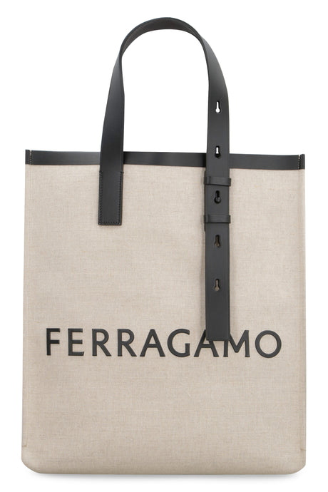 FERRAGAMO Men's Canvas Tote Handbag with Leather Details and Adjustable Handles