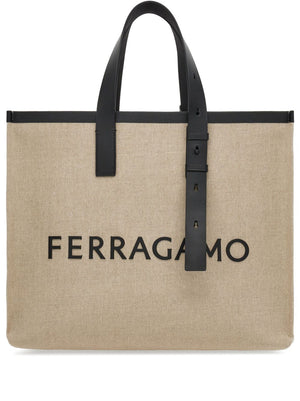 FERRAGAMO Men's Tan Leather Logo Tote Handbag for SS24