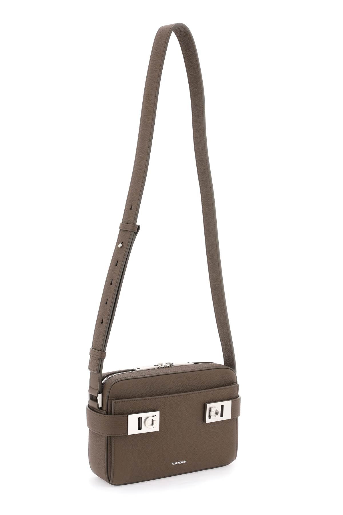FERRAGAMO Men's Adjustable Leather Camera Handbag with Gancini Hook Buckle - SS24 Brown