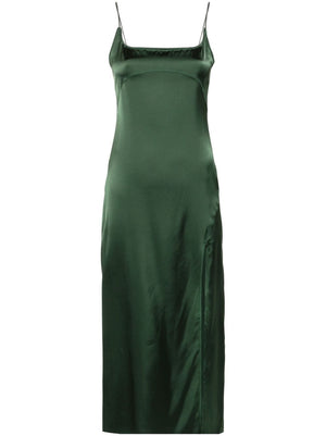 JACQUEMUS Satin Dark Green Slip Dress with Lace Trim and Side Slit