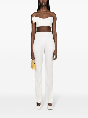 JACQUEMUS High-Waisted Straight-Leg Split Pants with Inlaid Ribbon