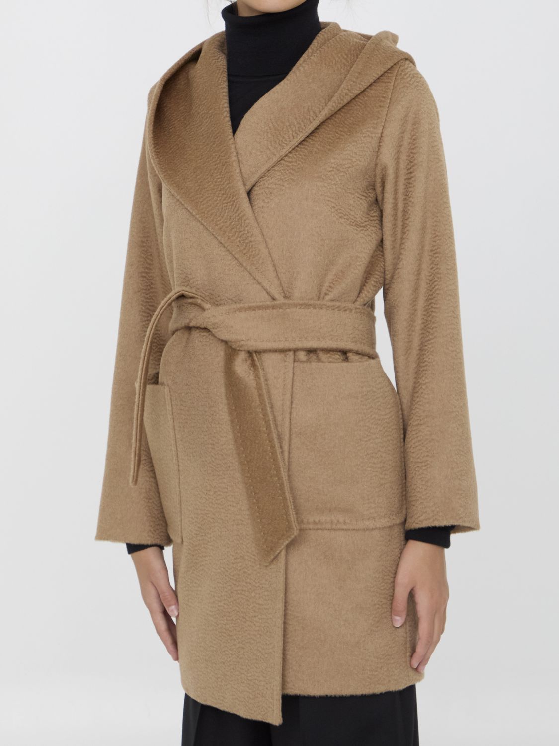 MAX MARA Elegant Camel Fabric Jacket with Detachable Belt and Hood