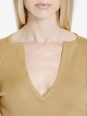 MAX MARA Elegant V-Motif Ribbed Silk-Cashmere Long Sleeve Top