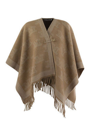 MAX MARA Elegant Wool Cape with Fringe Detail and Diamond Brooch