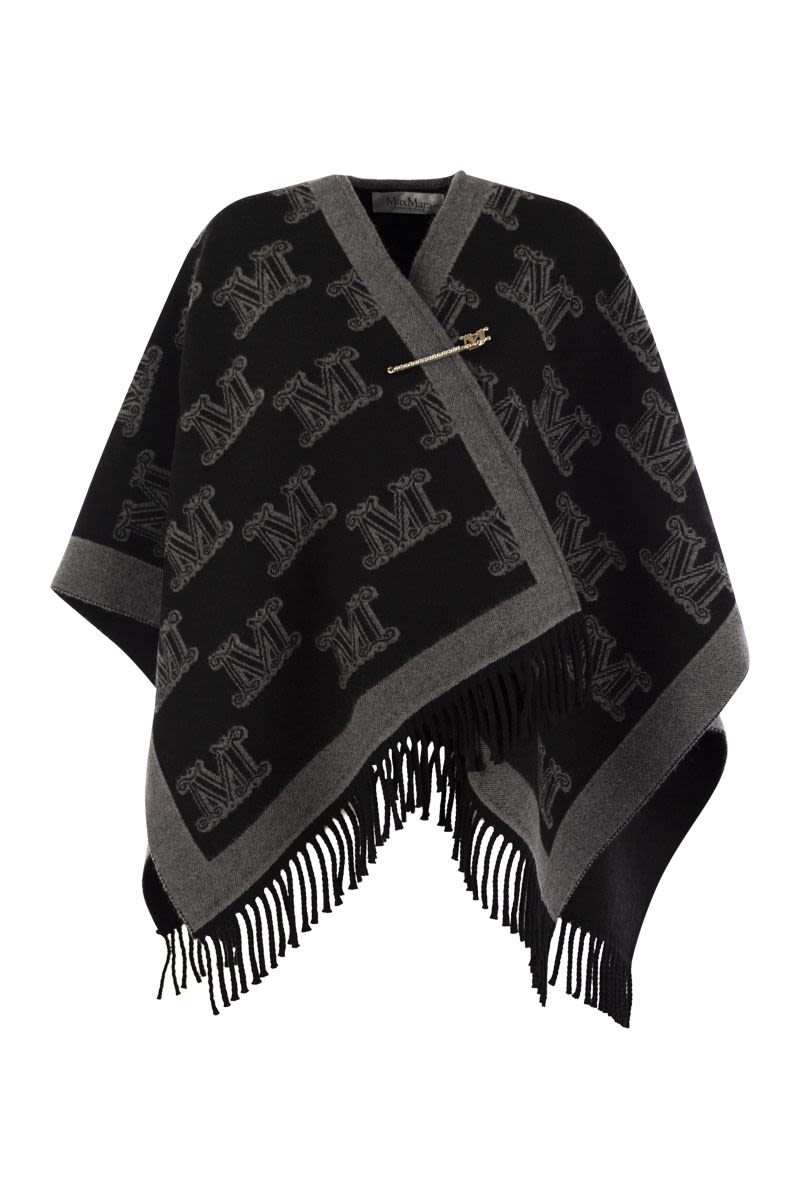 MAX MARA Elegant Wool Cape with Fringe Detail and Diamond Brooch