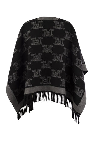 MAX MARA Elegant Wool Cape with Fringe Detail and Diamond Brooch