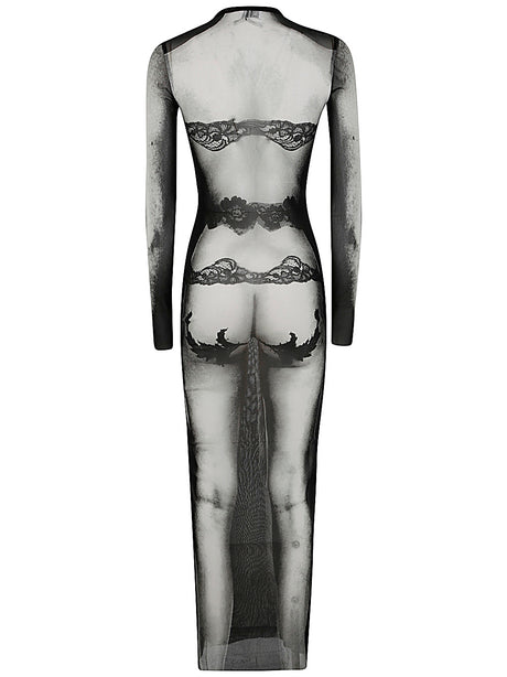 JEAN PAUL GAULTIER Mesh Long Dress with Body Lace Print