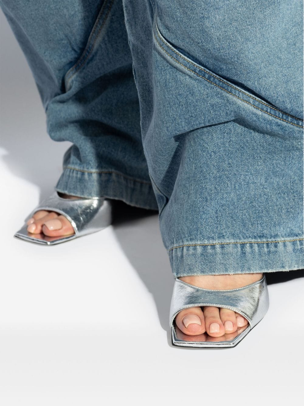 THE ATTICO Silver Mini Leather Flat Sandals with Sculpted Heel