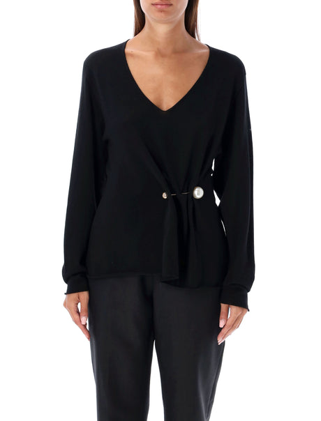 PHILOSOPHY DI LORENZO SERAFINI Elegant V-Neck Wool Sweater with Pearl Brooch