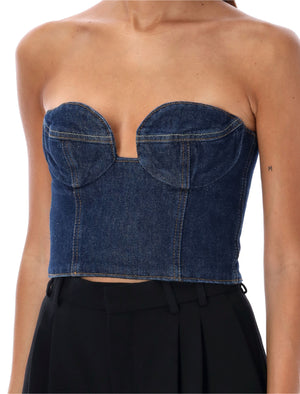 Áo crop top denim dáng bustier cổ tim