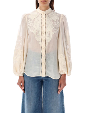 ZIMMERMANN Classic Embroidered Linen Blouse for Women in White | Long Sleeve Mandarin Collar Shirt