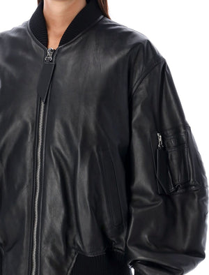 THE ATTICO Oversized Black Leather Bomber Jacket with Balloon Sleeves