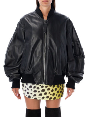 THE ATTICO Oversized Black Leather Bomber Jacket with Balloon Sleeves