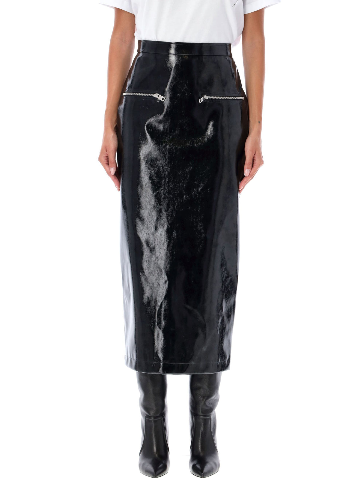 MSGM High Waist Patent Leather Midi Skirt