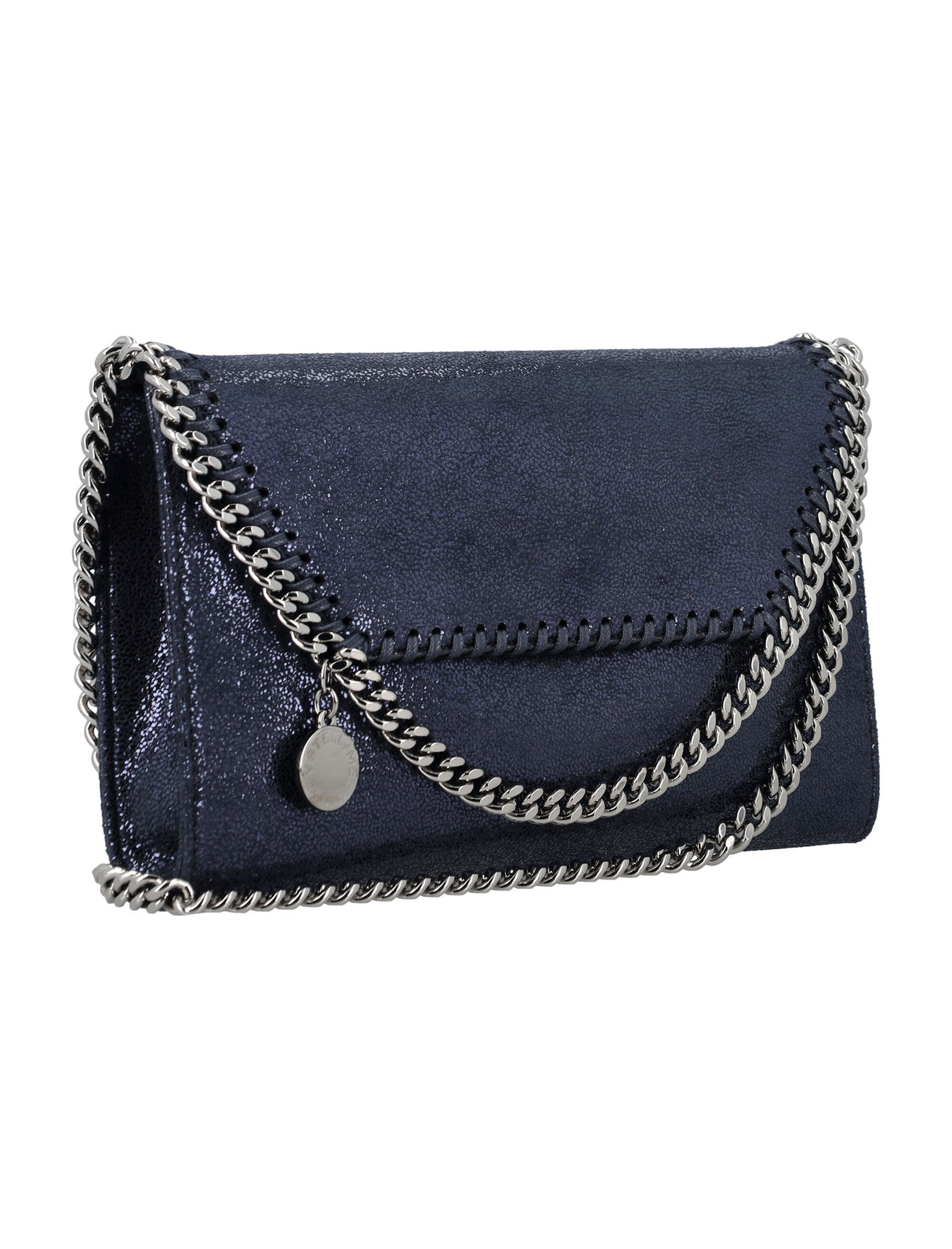 STELLA MCCARTNEY Mini Falabella Flap Shiny Handbag with Brass Chain Strap - Black, 14x23x3 cm