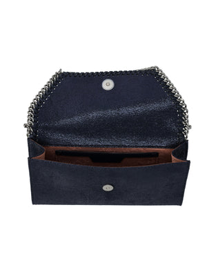 Túi Xách Mini Falabella Dáng Vải Bóng, Quai Xích Đồng - Đen, 14x23x3 cm