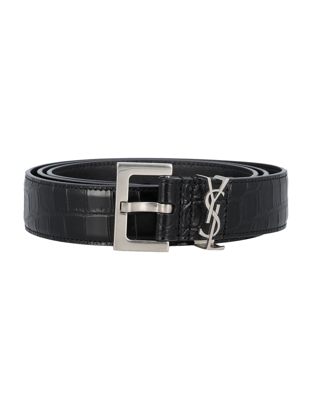 SAINT LAURENT Luxury Croc-Embossed Leather Belt 3cm - Silver-tone Buckle