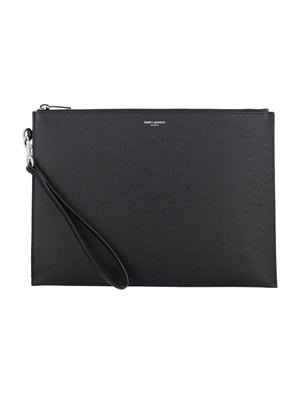 SAINT LAURENT Elegant Grain of Poudre Mini Zip Pouch with Wrist Strap - 8.3"x11"x0.2"