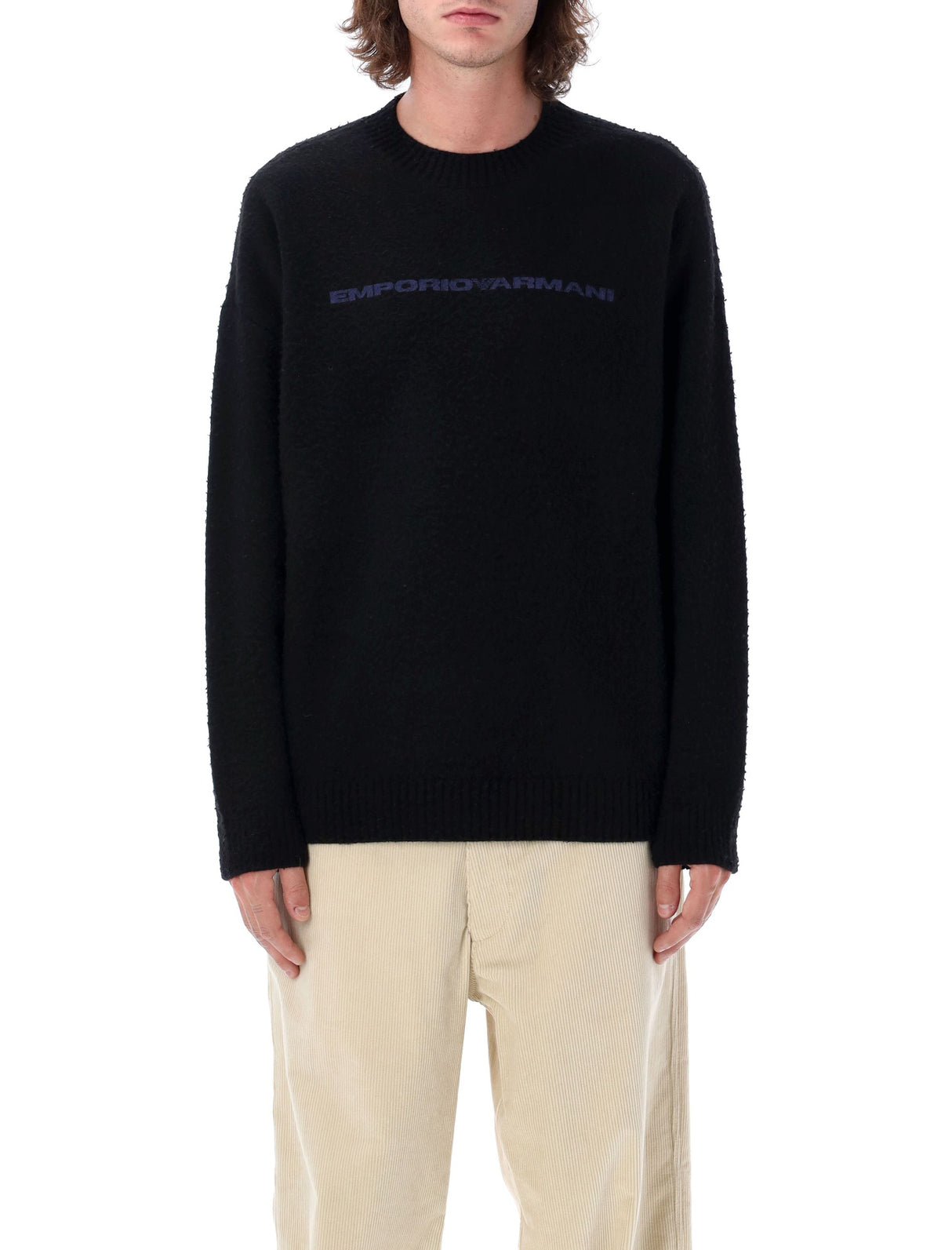 EMPORIO ARMANI Men's Logo Sweater - Loose Fit, Crew Neck, Long Sleeves