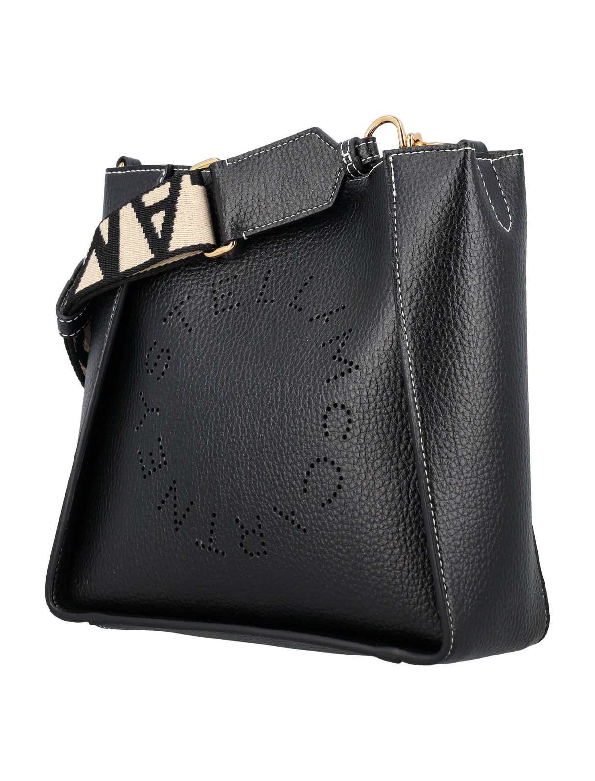 STELLA MCCARTNEY Mini Eco-Leather Crossbody Bag with Perforated Logo and Magnetic Snap Closure, Black - 23x23x8cm