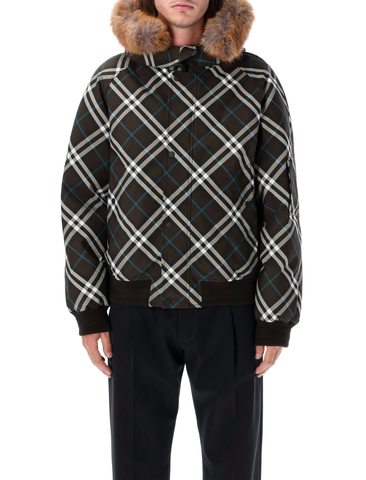 BURBERRY Men's Relaxed Fit Plaid Puffer Jacket with Detachable Hood - Size L